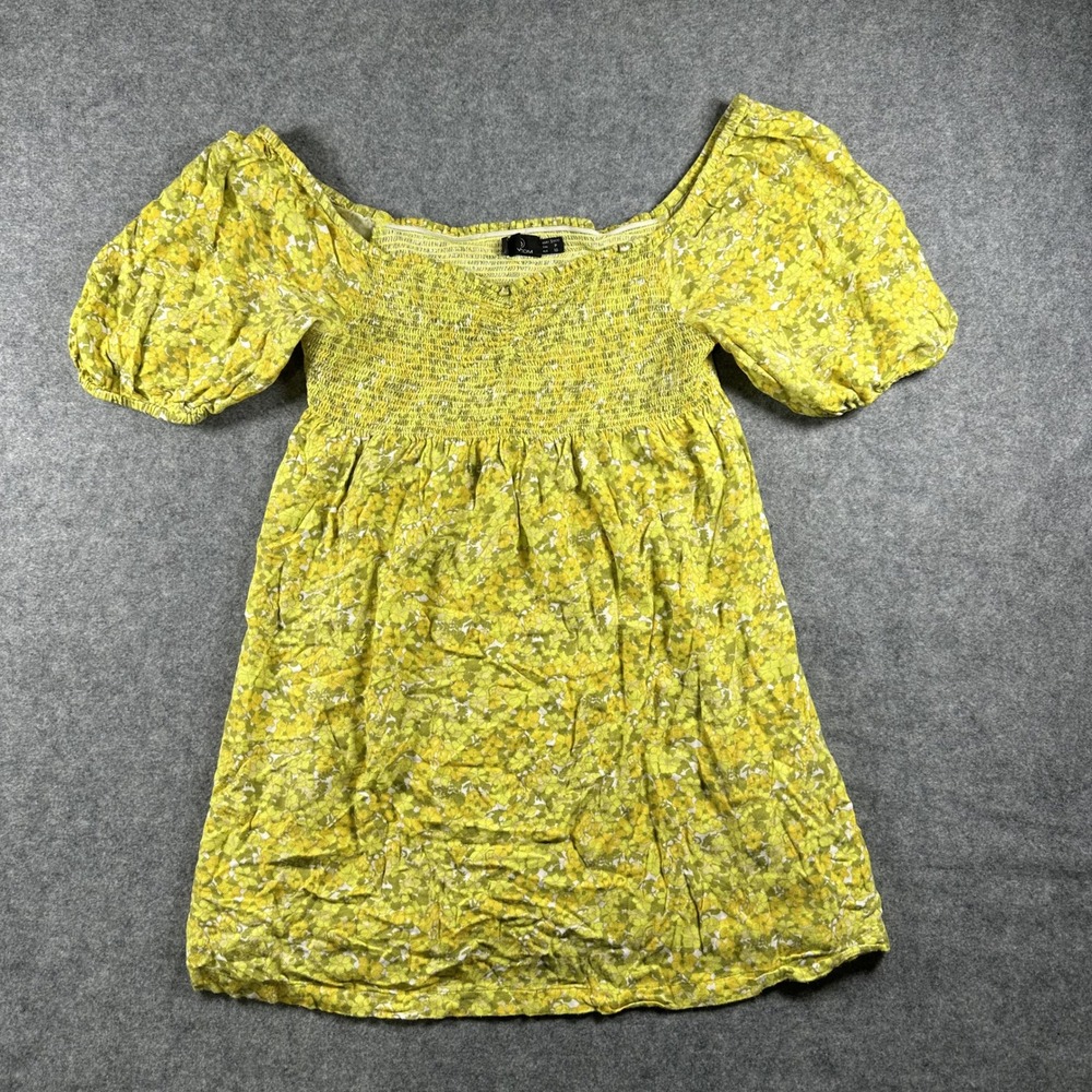 Volcom‎ Floral Smocked Puff Sleeve Top Small Yellow Green Boho Beachwear